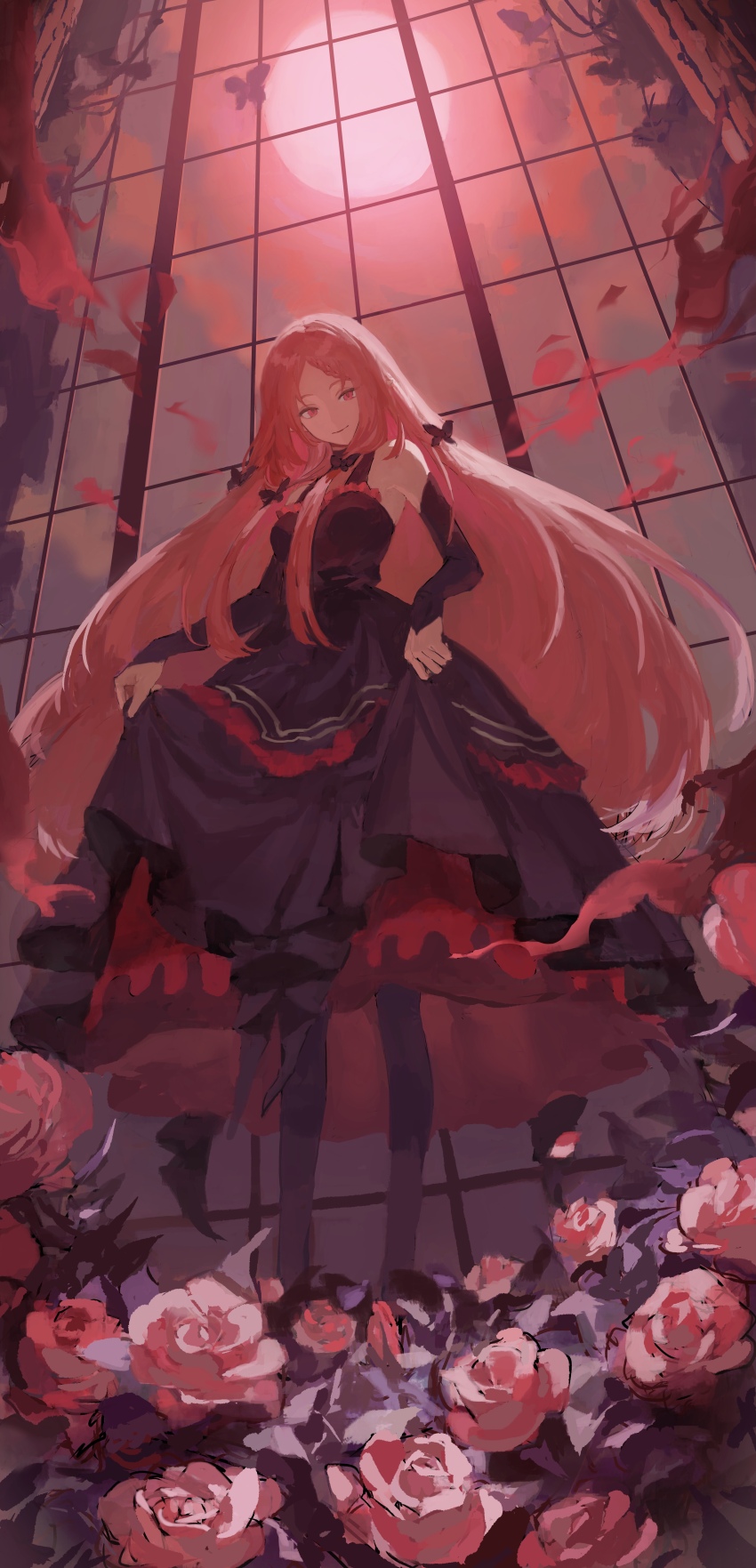 1girl absurdres clothes_lift detached_sleeves dress dress_lift elisabeth_(kage_no_jitsuryokusha_ni_naritakute!) flower frilled_dress frills full_moon highres holding kage_no_jitsuryokusha_ni_naritakute! koba-5 long_hair looking_at_viewer moon pointy_ears red_dress red_eyes red_flower red_hair sky sleeveless sleeveless_dress smile solo tagme very_long_hair