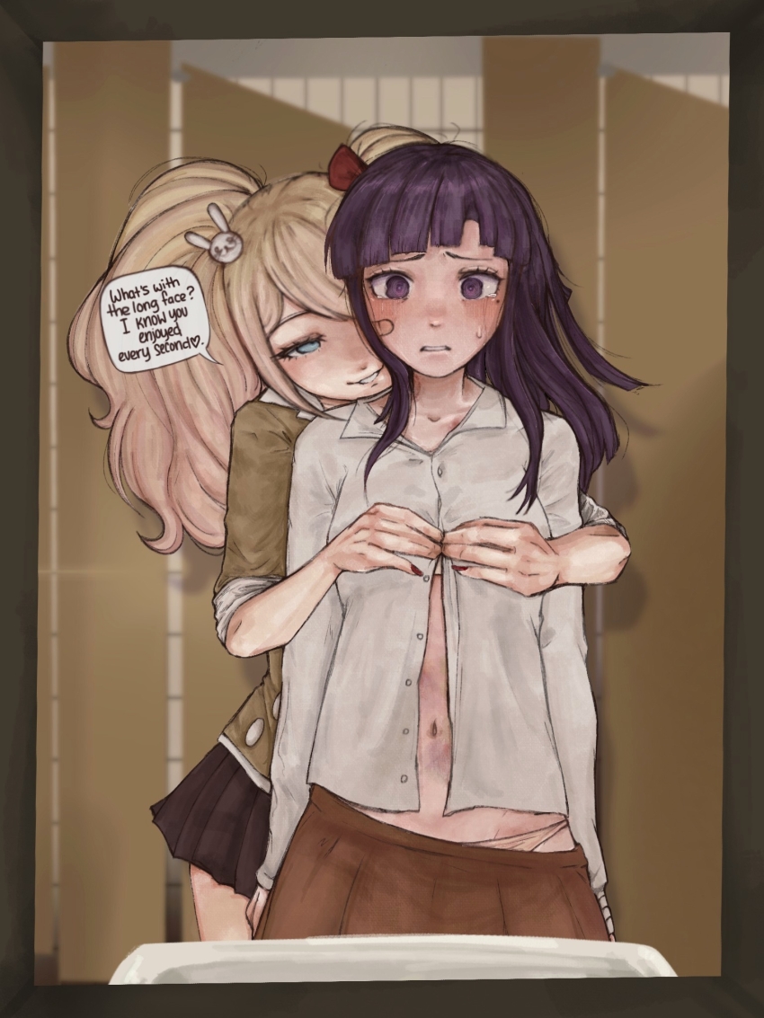 2girls after_rape aftersex bandaged_arm bandages bandaid bandaid_on_face bathroom black_skirt blazer blonde_hair blue_eyes blush bow broken brown_blazer brown_panties brown_skirt bruise buttons collarbone collared_shirt danganronpa:_trigger_happy_havoc danganronpa_(series) danganronpa_2:_goodbye_despair danganronpa_3_(anime) dressing_another empty_eyes english_text enoshima_junko eyebrows eyelashes female_focus fingernails hair_bow hair_ornament highres imaginaryiand indoors injury jacket long_fingernails long_hair long_sleeves looking_at_viewer matching_hair/eyes multiple_girls nail_polish navel official_alternate_costume open_clothes open_mouth open_shirt panties pleated_skirt purple_eyes purple_hair rabbit_hair_ornament red_nails red_now reflection school_uniform shirt sink skirt smile speech_bubble standing sweat sweatdrop tsumiki_mikan twintails underwear white_shirt yuri