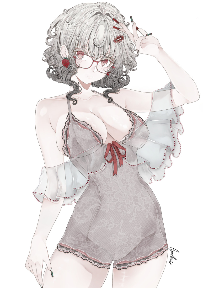 1girl apolonia-07 bare_shoulders blush breasts closed_mouth earrings fingernails glasses grey_hair highres jewelry lace lingerie long_fingernails looking_at_viewer original red_eyes short_hair simple_background standing underwear upper_body white_hair