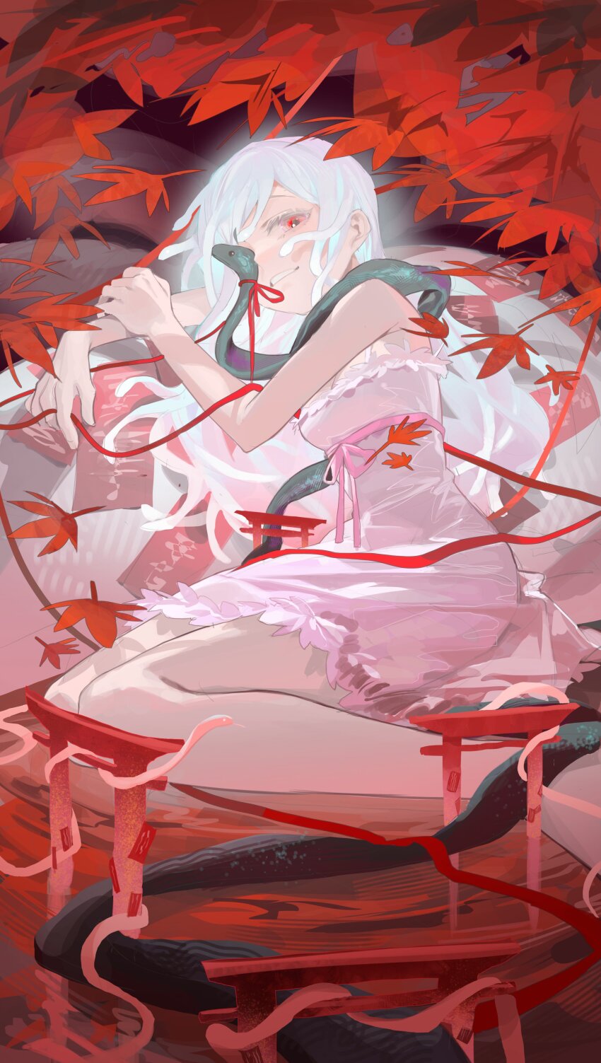 1girl absurdres colored_eyelashes dress falling_leaves god_nadeko grin highres kuchinawa leaf long_hair looking_at_viewer maple_leaf monogatari_(series) multiple_torii ofuda omurice_(304975636) one_eye_covered red_eyes red_ribbon ribbon sengoku_nadeko sitting sleeveless sleeveless_dress smile snake snake_hair solo torii water white_dress white_hair