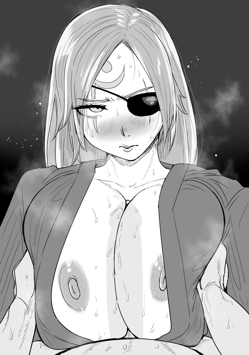 1girl absurdres baiken breasts eyepatch guilty_gear highres huge_breasts kaiman_garupan long_hair paizuri sweat tagme
