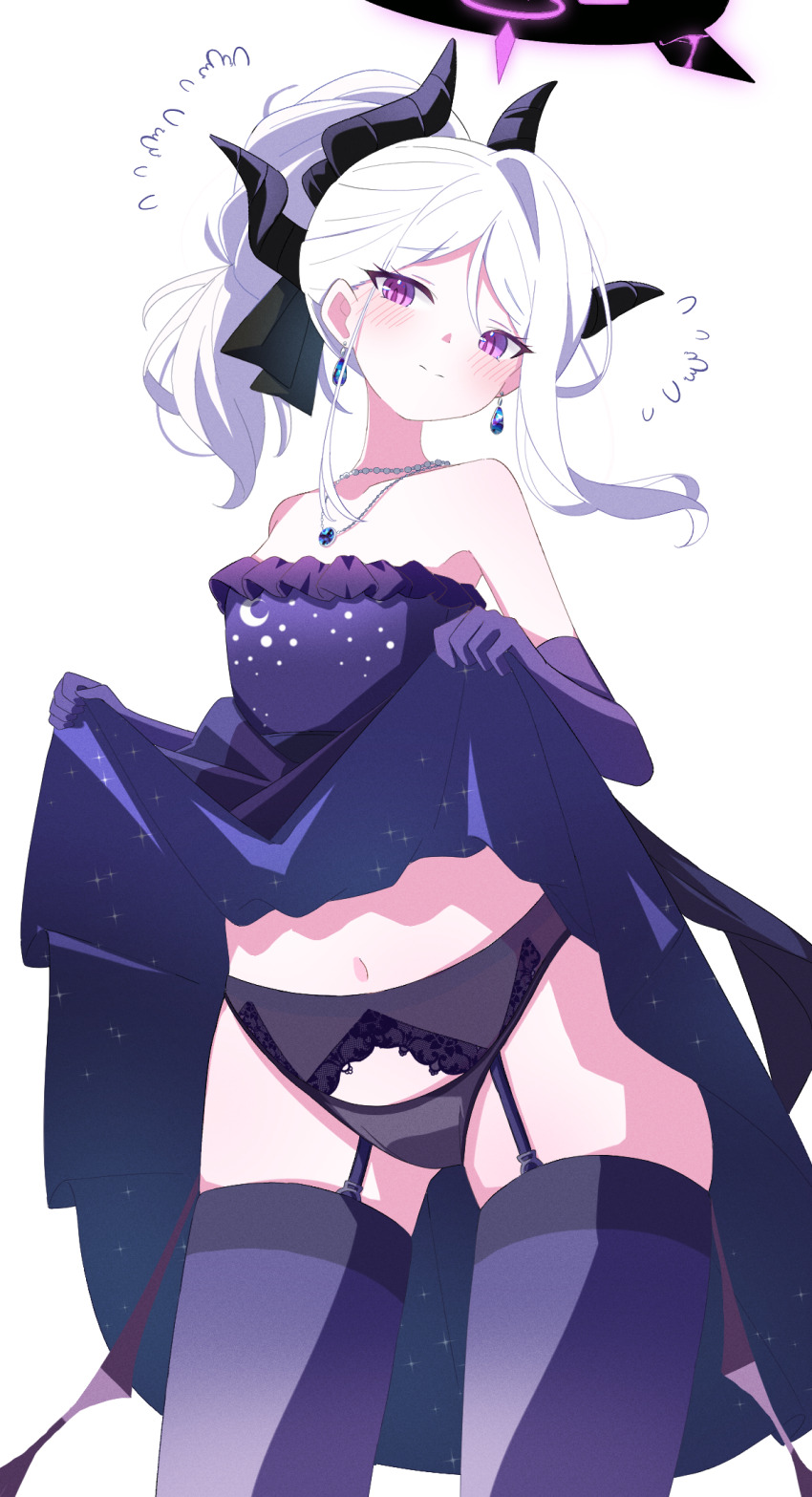 1girl alternate_hairstyle bare_shoulders bead_choker beads black_halo black_panties blue_archive blush closed_mouth curtained_hair demon_girl demon_horns demon_wings dress earrings elbow_gloves gloves halo highres hina_(blue_archive) hina_(dress)_(blue_archive) horns jewelry loli long_hair necklace official_alternate_costume panties ponytail purple_dress purple_eyes purple_garter_belt purple_garter_straps purple_gloves purple_thighhighs sasanoha_(sasanoha0712) sleeveless sleeveless_dress smile solo strapless strapless_dress thighhighs underwear white_hair wings