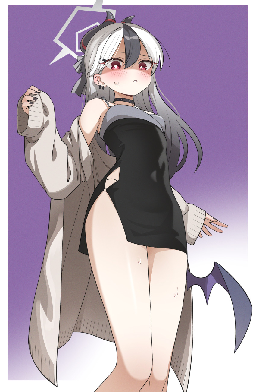 1girl absurdres black_choker black_dress black_hair black_horns blue_archive blush choker demon_horns demon_wings dress feet_out_of_frame golmonggu grey_hair grey_halo hair_between_eyes halo highres horns jacket kayoko_(blue_archive) kayoko_(dress)_(blue_archive) long_hair long_sleeves multicolored_hair official_alternate_costume open_clothes open_jacket open_mouth red_eyes shaded_face single_wing solo white_jacket wings