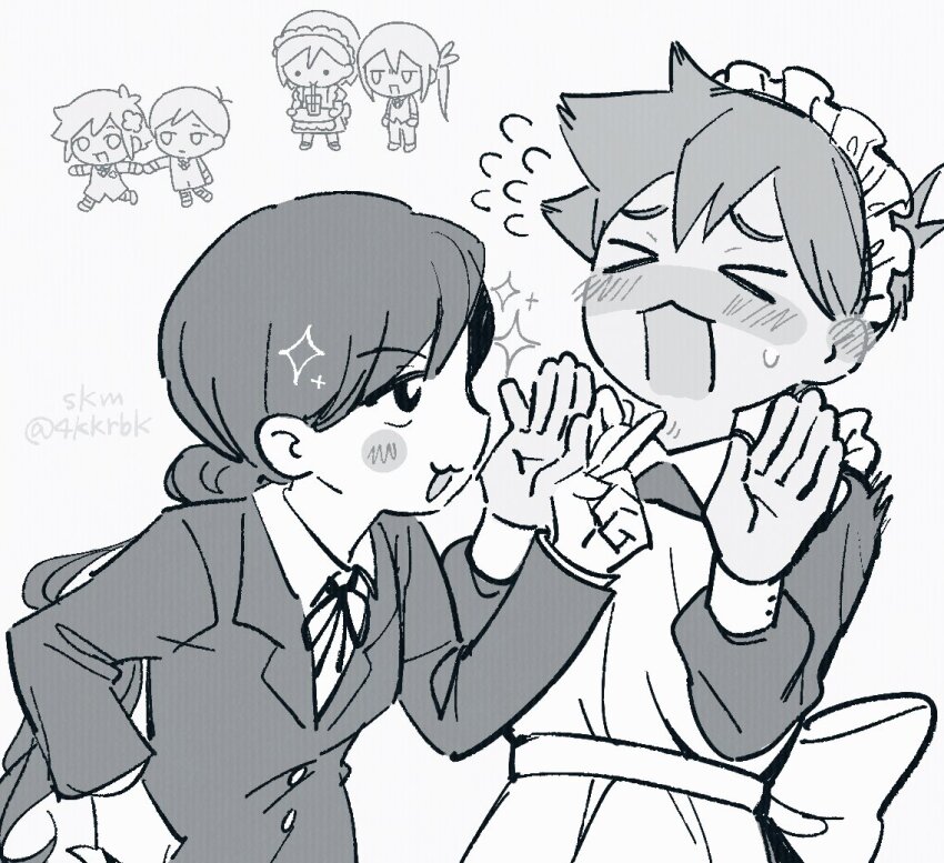 2girls 4boys 4kkrbk :3 alternate_costume antenna_hair aubrey_(faraway)_(omori) aubrey_(omori) basil_(faraway)_(omori) basil_(omori) blush butler chibi closed_mouth enmaided female_butler flower flying_sweatdrops greyscale hair_flower hair_ornament hero_(faraway)_(omori) hero_(omori) kel_(faraway)_(omori) kel_(omori) long_hair long_sleeves looking_at_another maid maid_headdress mari_(faraway)_(omori) mari_(omori) monochrome multiple_boys multiple_girls official_alternate_costume omori open_mouth ponytail short_hair simple_background smile sparkle sunny_(omori) sweatdrop twitter_username