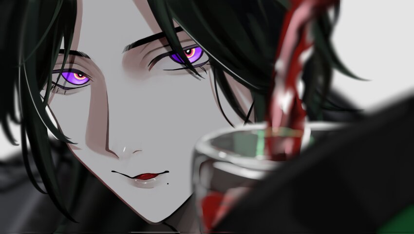 1boy alcohol awa_awa_0857 black_hair close-up commentary cup drinking_glass english_commentary grey_background highres holding holding_cup looking_to_the_side male_focus nijisanji nijisanji_en parted_lips purple_eyes sideways_glance solo tongue upper_body virtual_youtuber wine wine_glass zeal_ginjoka