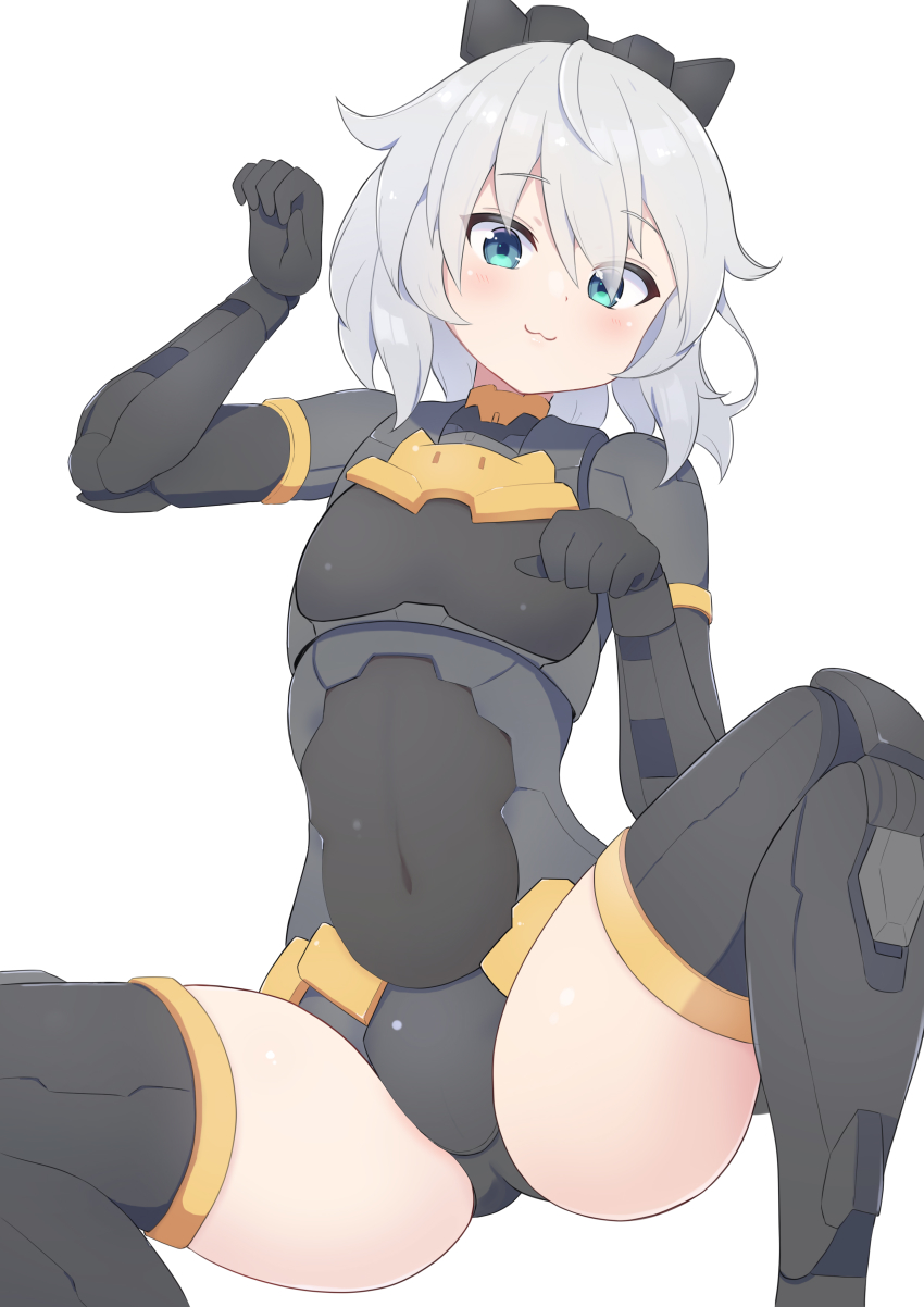 1girl 30_minutes_sisters :3 absurdres black_boots black_leotard blue_eyes blush boots cable cable_tail covered_navel flat_chest grey_hair head_tilt highres leotard looking_at_viewer mechanical_tail paw_pose rishetta_(30ms) short_hair sitting smile solo spread_legs subten tail thigh_boots