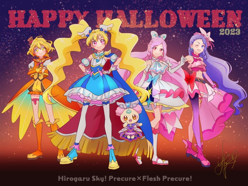 2023 4girls aono_miki asymmetrical_clothes asymmetrical_legwear bare_shoulders blonde_hair blush boots bow braid chiffon_(fresh_precure!) commentary_request copyright_name cosplay crossover cure_berry cure_butterfly cure_butterfly_(cosplay) cure_majesty cure_majesty_(cosplay) cure_passion cure_peach cure_pine cure_prism cure_prism_(cosplay) cure_sky cure_sky_(cosplay) cure_wing cure_wing_(cosplay) dress earrings elbow_gloves english_text engrish_text eyelashes fpminnie1 fresh_precure! gloves gradient_background hair_bow hair_ornament happy happy_halloween hat higashi_setsuna highres hirogaru_sky!_precure in-franchise_crossover jewelry knee_boots long_hair looking_at_viewer magical_girl midriff mini_hat momozono_love multiple_girls navel one_eye_closed orange_boots orange_gloves pantyhose pink_boots pink_eyes pink_hair pink_shirt pink_skirt precure puffy_short_sleeves puffy_sleeves purple_eyes purple_hair ranguage shirt short_hair short_sleeves signature single_braid single_leg_pantyhose sketch skirt smile standing thighhighs thighs trait_connection twintails very_long_hair white_dress white_gloves wing_hair_ornament yamabuki_inori yellow_eyes