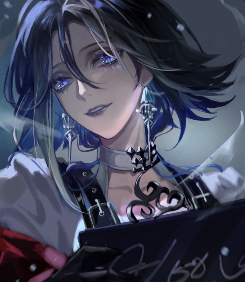 1girl absurdres adela_(path_to_nowhere) blue_eyes blue_hair card character_name chest_belt earrings eyeliner floating_earring grey_lips hair_between_eyes highres holding holding_card jewelry looking_at_viewer makeup multicolored_hair parted_bangs parted_lips path_to_nowhere portrait shirt short_hair smile solo streaked_hair suanliu white_shirt