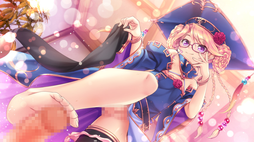 1boy 1girl alternate_hairstyle bare_shoulders barefoot bekkankou black_thighhighs blonde_hair blue_dress blue_hat blue_sleeves bracelet braid braided_bun censored closed_mouth detached_sleeves double_bun dress dutch_angle feet flat_chest flower footjob game_cg glasses gold_trim hair_bun hair_ornament hand_on_own_face hat hetero indoors iris_mysteria! jewelry ladis_(iris_mysteria!) light_particles long_hair looking_at_viewer mosaic_censoring official_art panties panties_around_leg penis pink_panties purple_eyes pussy red-framed_eyewear red_flower smile soles solo_focus thighhighs toes underwear unworn_thighhighs wide_sleeves