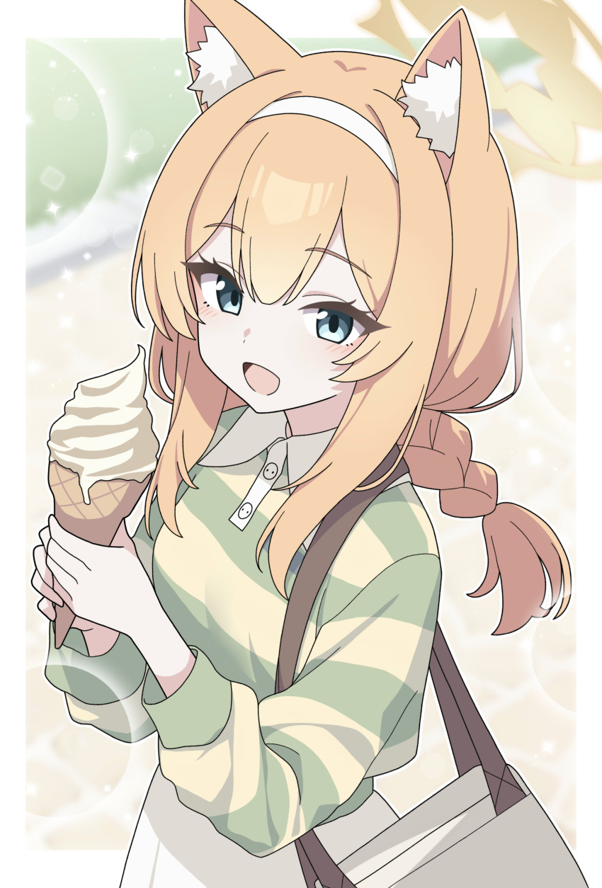 1girl absurdres alternate_costume alternate_hairstyle animal_ear_fluff bag blue_archive blush braid cat_girl cat_tail food green_shirt hair_between_eyes hairband highres holding holding_bag holding_food holding_ice_cream ice_cream long_hair looking_at_viewer mari_(blue_archive) open_mouth orange_hair shirt sidelocks single_braid skirt solo tail vector_(dmlddmld00) white_bag white_hairband white_skirt