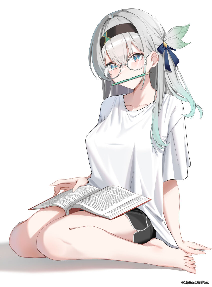1girl absurdres alphaart black_hairband black_shorts book book_on_lap commentary dolphin_shorts english_commentary eyewear_on_head firefly_(honkai:_star_rail) glasses green_pupils grey_hair hair_between_eyes hair_intakes hair_ornament hair_ribbon hairband highres holding holding_book honkai:_star_rail honkai_(series) multicolored_eyes multicolored_hair ribbon shirt shorts simple_background sitting solo two-tone_eyes utensil_in_mouth wariza white_background white_shirt