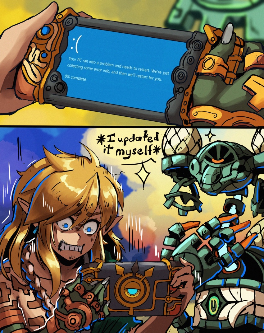 1boy absurdres angry blonde_hair blue_eyes blue_screen_of_death character_request clenched_teeth emoji emoticon english_text facepalm gloves highres holding link looking_at_another looking_at_object looking_at_screen medium_hair nintendo pointy_ears purah_pad sad sad_emoji sparkle stoic_seraphim surprised teeth the_legend_of_zelda the_legend_of_zelda:_tears_of_the_kingdom
