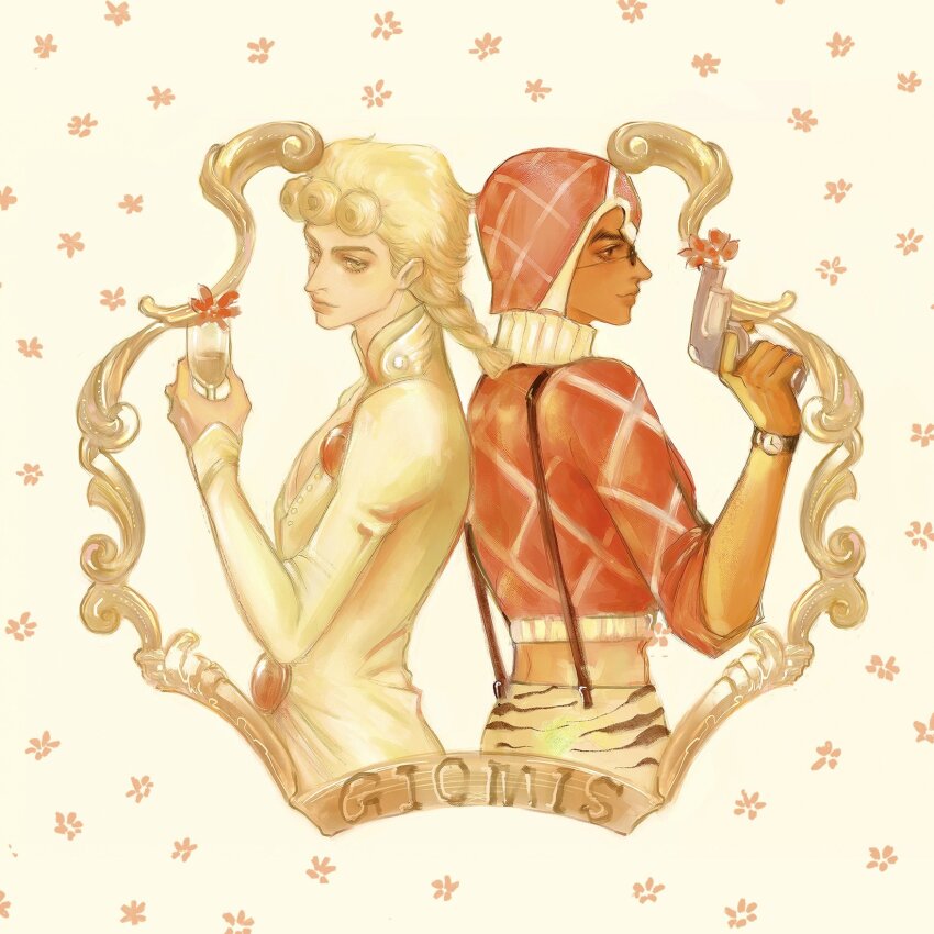 2boys a_io_u animal_print back-to-back blonde_hair braid cropped_sweater cropped_torso cup curly_hair drinking_glass flower_in_gun giorno_giovanna guido_mista gun hat highres holding holding_cup holding_gun holding_weapon jacket jojo_no_kimyou_na_bouken male_focus medium_hair midriff multiple_boys pale_skin pants print_pants red_hat red_sweater sleeves_rolled_up sunglasses suspenders sweater tan tiger_print turtleneck turtleneck_sweater vento_aureo watch weapon white_jacket wine_glass wristwatch