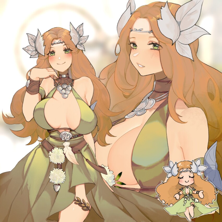 1girl blush breasts chibi cleavage closed_mouth final_fantasy final_fantasy_xiv from_side full_body green_eyes highres jewelry large_breasts laurels lips long_hair looking_at_viewer multiple_views necklace nophica octoboo open_mouth orange_hair simple_background smile teeth upper_body