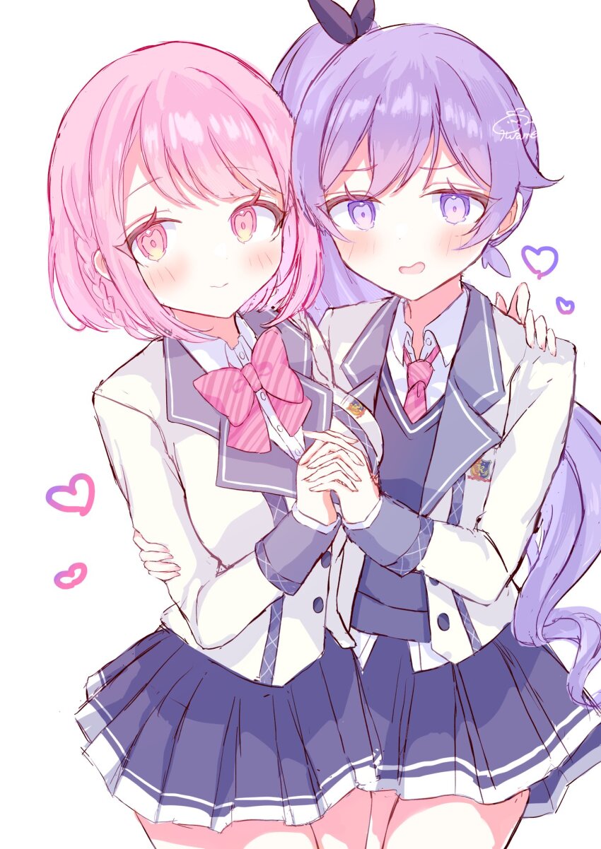 2girls blue_skirt blush bow heart highres hirame_(hi03ra) holding_hands hoshizaki_akari interlocked_fingers jacket long_hair long_sleeves looking_at_viewer multiple_girls necktie ongeki pink_eyes pink_hair pleated_skirt purple_eyes purple_hair ribbon school_uniform short_hair signature skirt smile takase_rio white_background yuri