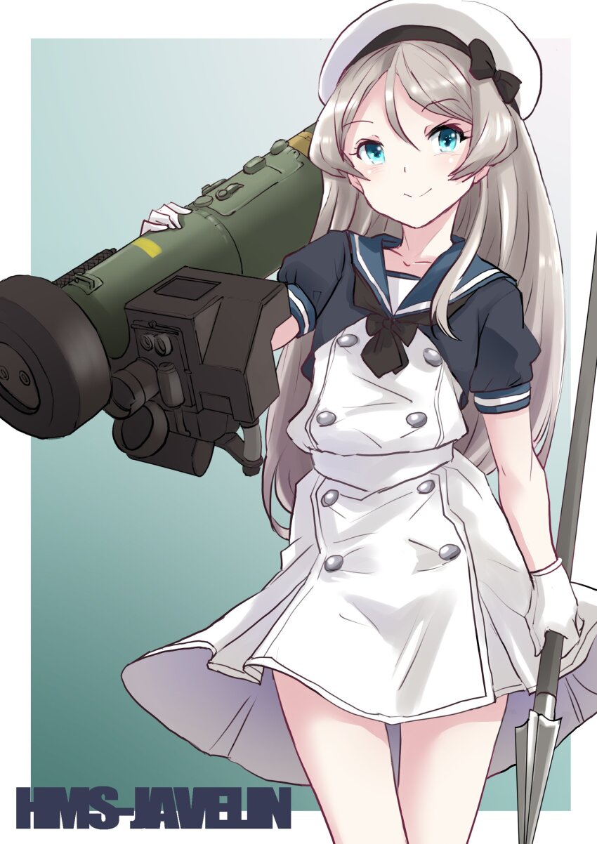 1girl black_neckerchief blue_eyes blue_sailor_collar character_name commission dress fgm-148_javelin fuji_(pixiv24804665) gloves grey_hair hair_between_eyes hat highres holding holding_polearm holding_weapon javelin_(kancolle) javelin_(spear) kantai_collection long_hair looking_at_viewer name_connection neckerchief object_namesake polearm rocket_launcher sailor_collar sailor_dress sailor_hat skeb_commission smile solo weapon white_dress white_gloves white_hat