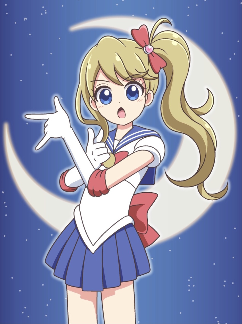 1girl back_bow bishoujo_senshi_sailor_moon blonde_hair blue_eyes blue_sailor_collar blue_skirt blush bow brooch chest_bow cocotama_(series) commentary cosplay cowboy_shot crescent dot_nose elbow_gloves gloves hair_ornament hair_ribbon highres hoshinogawa_haruka jewelry kato-shun kirakira_happy_hirake!_cocotama leotard long_hair looking_at_viewer m/ magical_girl moon night night_sky open_mouth pleated_skirt ponytail red_bow red_ribbon ribbon sailor_collar sailor_moon sailor_moon_(cosplay) sailor_senshi_uniform serious side_ponytail skirt sky solo star_(sky) starry_sky swept_bangs tsuki_ni_kawatte_oshioki_yo white_gloves white_leotard