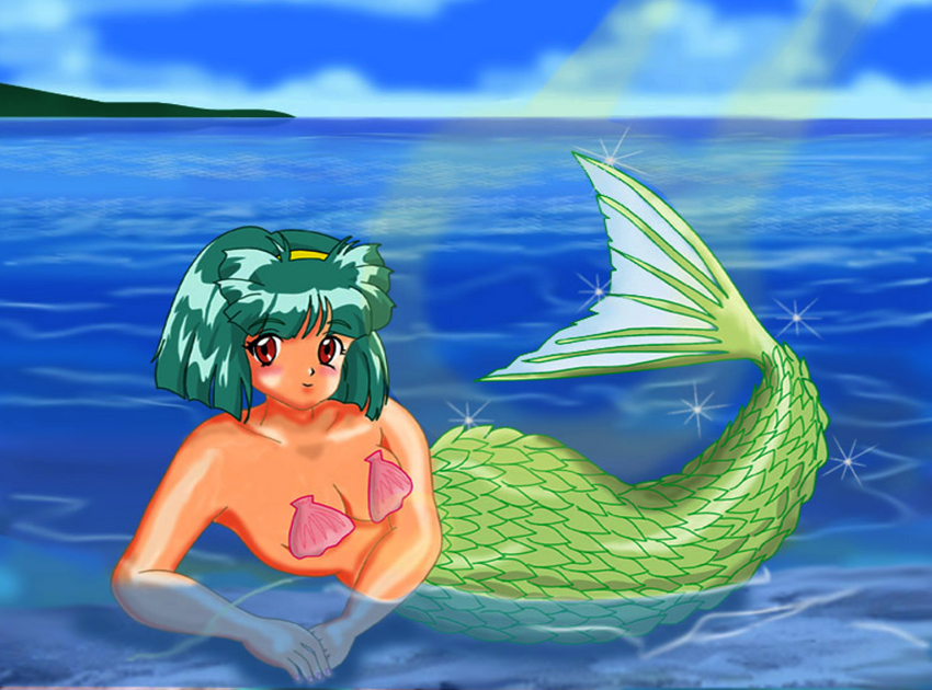 1girl bikini blush breasts brown_eyes clam_shell cleavage cloud collarbone hairband konami light_rays looking_at_viewer lying medium_breasts mermaid monster_girl neko_no_kimagure ocean partially_submerged pink_bikini red_hair sakura_kaedeko seashell shell shell_bikini short_hair sky smile sparkle sunbeam sunlight swimsuit tokimeki_memorial tokimeki_memorial_2 water