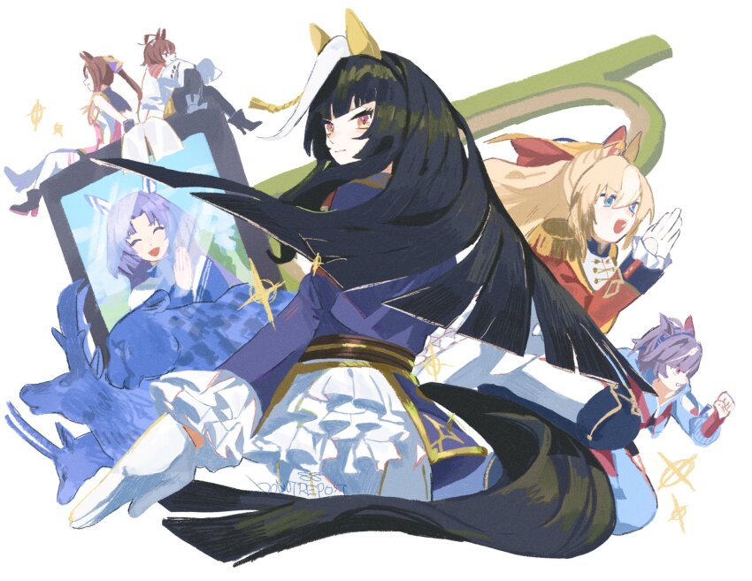 6+girls agnes_tachyon_(umamusume) ahoge animal animal_ears believe_(umamusume) black_hair blonde_hair blue_eyes blue_hair brown_hair calstone_light_o_(umamusume) character_request cheetah closed_eyes closed_mouth deer dress durandal_(umamusume) gloves hair_between_eyes hair_ornament hairband highres horse_ears horse_girl horse_tail jewelry lab_coat long_hair long_sleeves looking_at_viewer multicolored_hair multiple_girls open_mouth ponytail purple_hair racetrack running sakura_bakushin_o_(umamusume) short_hair short_sleeves sleeves_past_fingers sleeves_past_wrists smile tail umamusume ummsm_88 very_long_hair white_gloves white_hair yellow_eyes