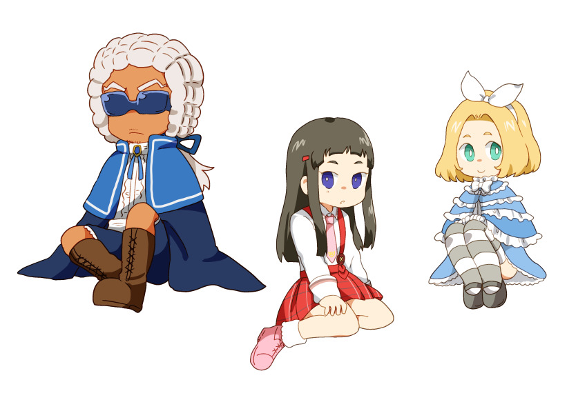 1boy 2girls absurdres black_hair black_shoes blonde_hair blue_capelet blue_eyes blue_ribbon blue_shorts boots bow bow_hairband bright_pupils brown_boots capelet chibi chibi_only classicaloid closed_mouth commentary_request facial_hair frilled_capelet frills goatee_stubble green_eyes hair_ornament hairband hairclip highres johann_sebastian_bach_(classicaloid) koko_a_tarutarusousu mary_janes multiple_girls mustache_stubble necktie pink_boots pink_necktie ponytail powdered_wig pyotr_illyich_tchaikovsky_(classicaloid) red_skirt ribbon shirt shoes short_hair shorts sitting skirt striped_clothes striped_thighhighs stubble sunglasses tekla_badarzewska-baranowska_(classicaloid) thighhighs white_bow white_pupils white_shirt