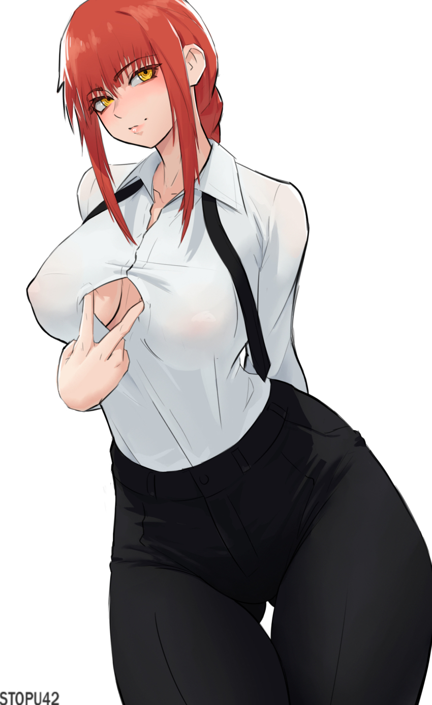 1girl absurdres blush breasts chainsaw_man cleavage_cutout clothing_cutout highres large_breasts lips makima_(chainsaw_man) necktie nipples_visible_through_shirt red_hair smile stopu thighs undone_tie v white_background yellow_eyes