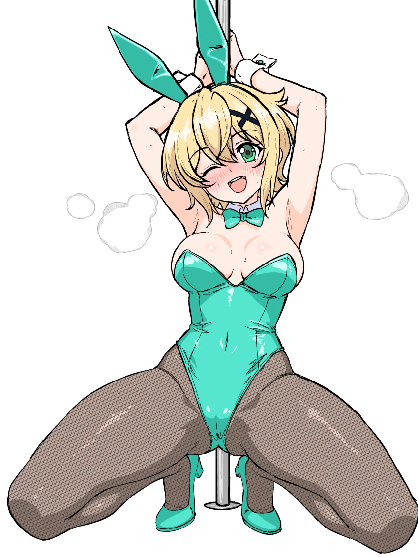 1girl absurdres akatsuki_kirika aqua_bow aqua_bowtie aqua_leotard aqua_shoes blonde_hair bow bowtie breasts fishnet_pantyhose fishnets green_eyes grey_pantyhose hair_ornament highres ichimisan leotard looking_at_viewer medium_breasts one_eye_closed open_mouth pantyhose playboy_bunny pole pole_dancing round_teeth senki_zesshou_symphogear shoes short_hair smile solo squatting stripper_pole teeth upper_teeth_only x_hair_ornament