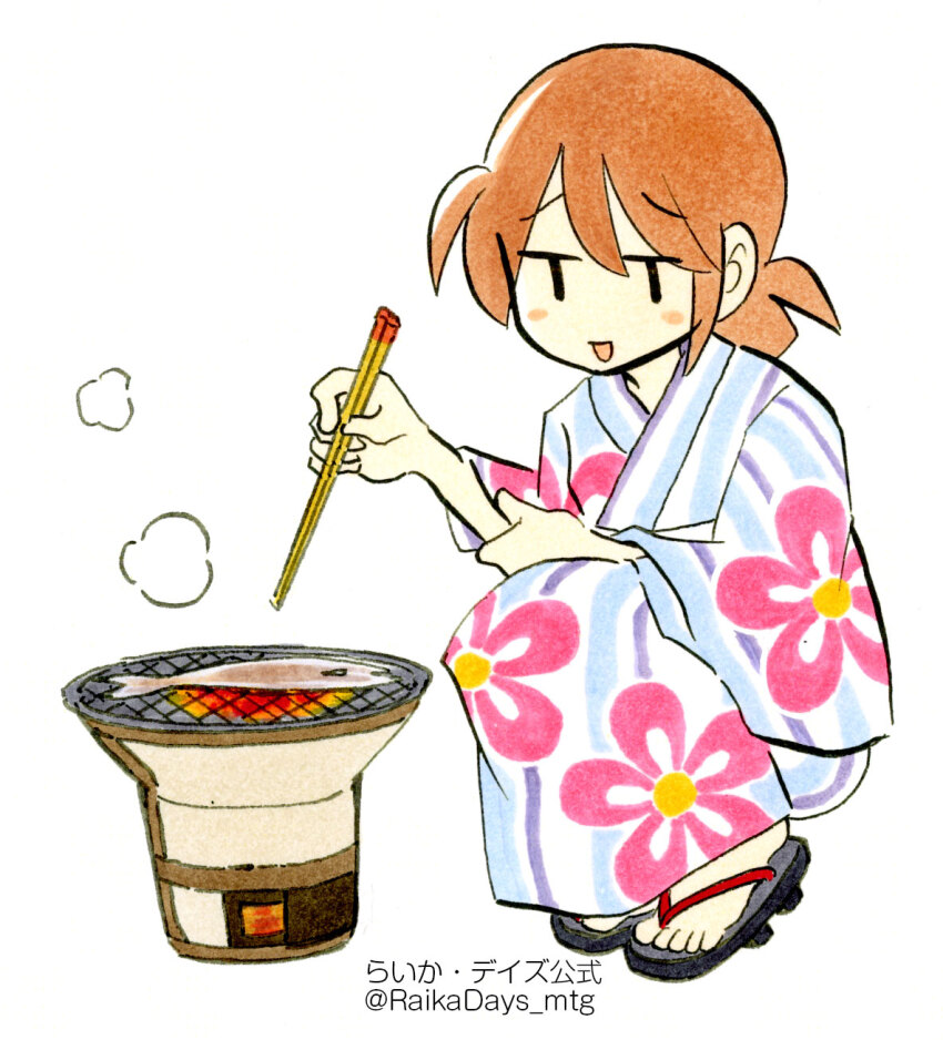 1girl artist_name black_eyes blue_kimono blush brown_hair chopsticks cooking fish fish_(food) floral_print geta grill grilled_fish hand_up haruna_raika highres holding holding_chopsticks japanese_clothes kimono munko official_art open_mouth ponytail print_kimono raika_days shichirin simple_background smug solo squatting steam striped_clothes striped_kimono twitter_username white_background yukata