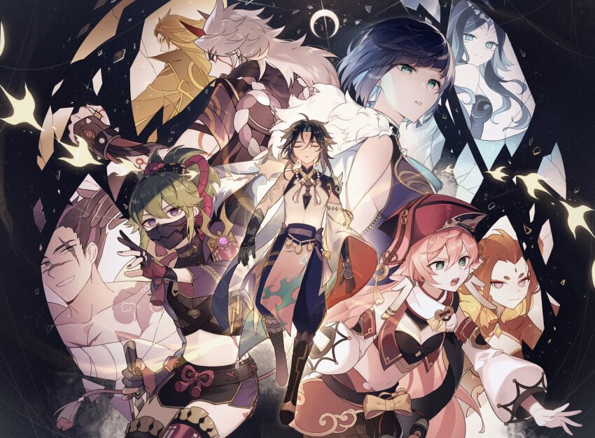 4girls 5girls ahoge arataki_itto back black_nails blonde_hair blue_eyes blue_hair bonanus_(genshin_impact) bosacius_(genshin_impact) breasts chinese_clothes closed_eyes eyebrows_hidden_by_hair genshin_impact green_eyes hair_between_eyes hat highres horns indarias_(genshin_impact) japanese_clothes kackaorz1 kuki_shinobu long_hair looking_at_viewer mask medium_breasts menogias_(genshin_impact) multiple_boys multiple_girls nail_polish oni oni_horns open_mouth pink_hair purple_eyes purple_hair red_eyes red_hair scar scar_across_eye scar_on_face short_hair shorts small_breasts smile white_hair xiao_(genshin_impact) yanfei_(genshin_impact) yelan_(genshin_impact) yellow_eyes