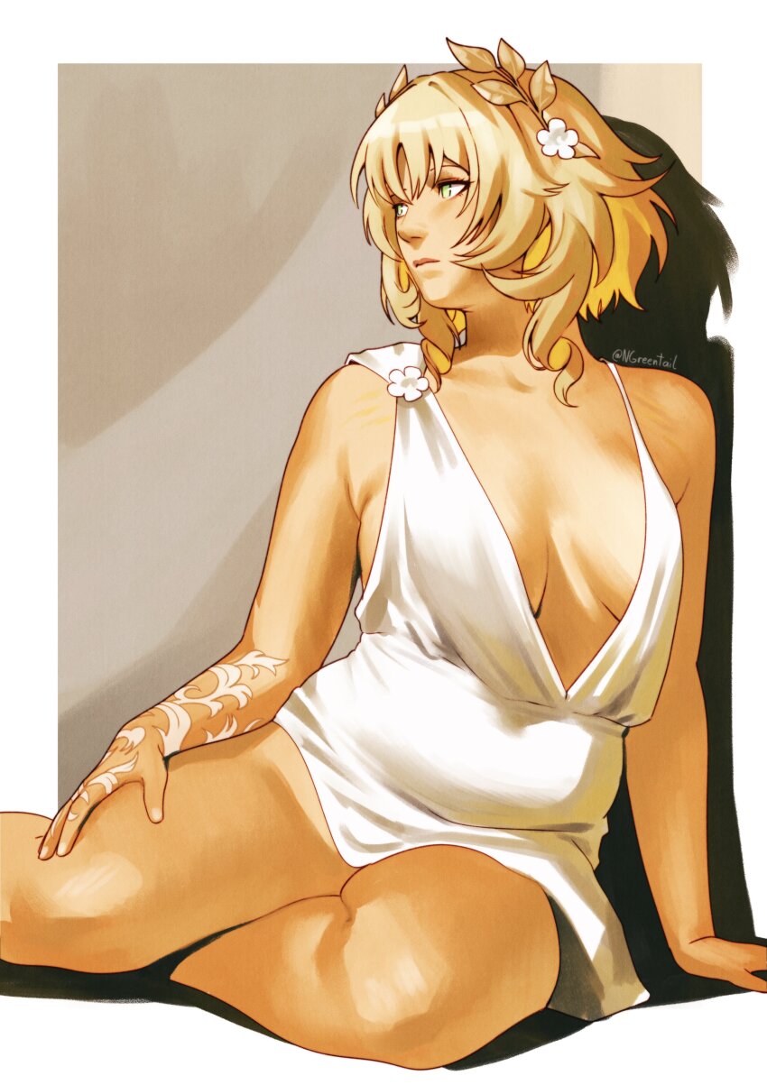 1girl absurdres aglaea_(honkai:_star_rail) blonde_hair border breasts brown_background cleavage closed_mouth dress feet_out_of_frame flower green_eyes hair_flower hair_ornament hand_on_ground hand_on_own_thigh highres honkai:_star_rail honkai_(series) laurel_crown looking_to_the_side low_neckline medium_breasts medium_hair nifast_(greentail) no_bra simple_background sitting solo spaghetti_strap thighs white_border white_dress white_flower