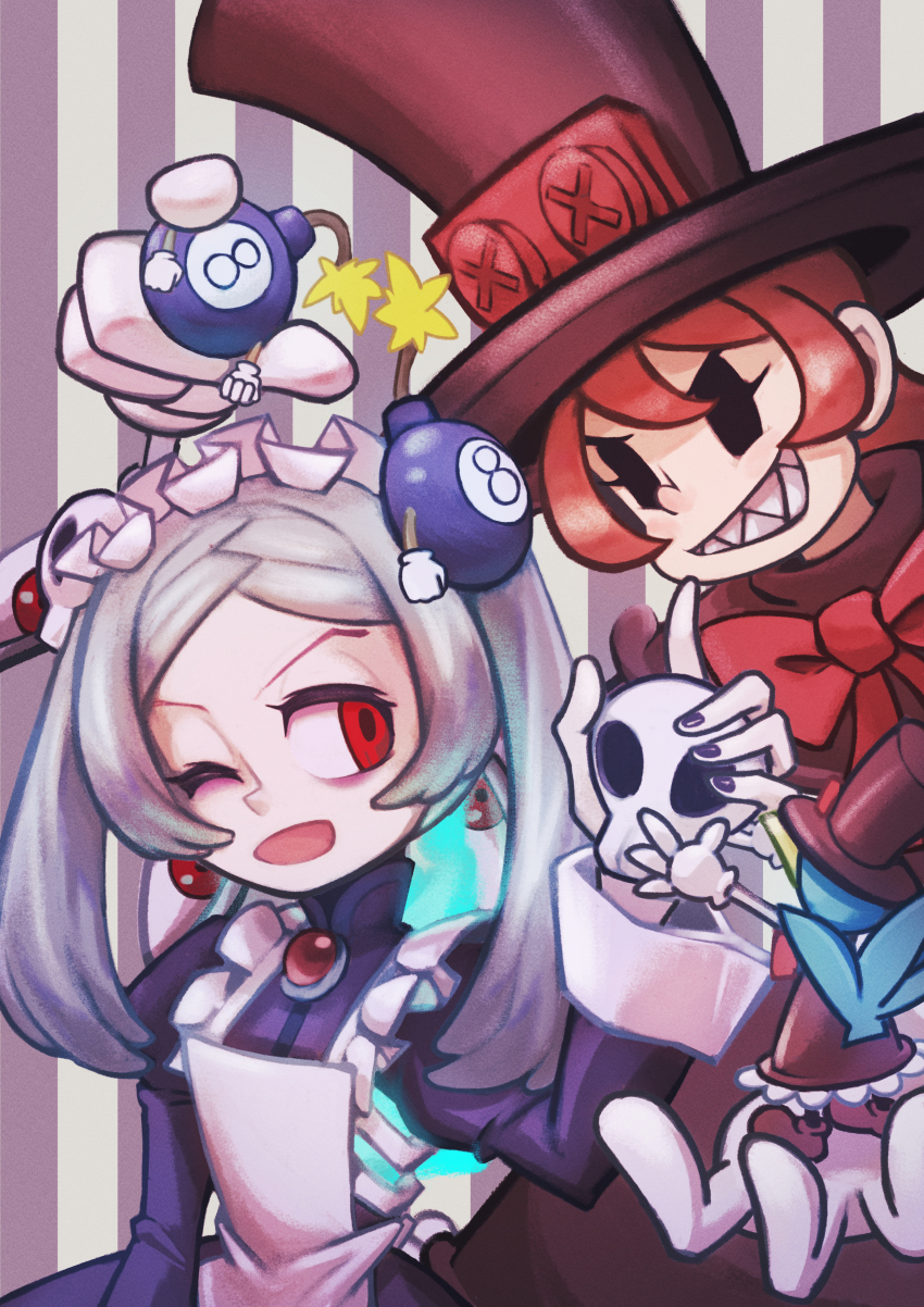 2girls absurdres apron avery_(skullgirls) bird bloody_marie_(skullgirls) brooch carrying frilled_apron frills george_the_bomb gloves grey_hair grin hair_ornament hat highres holding jewelry maid_headdress multiple_girls one_eye_closed onozawa_(buresu21) orange_hair peacock_(skullgirls) red_eyes sharp_teeth short_hair skull_hair_ornament skullgirls smile teeth top_hat twintails