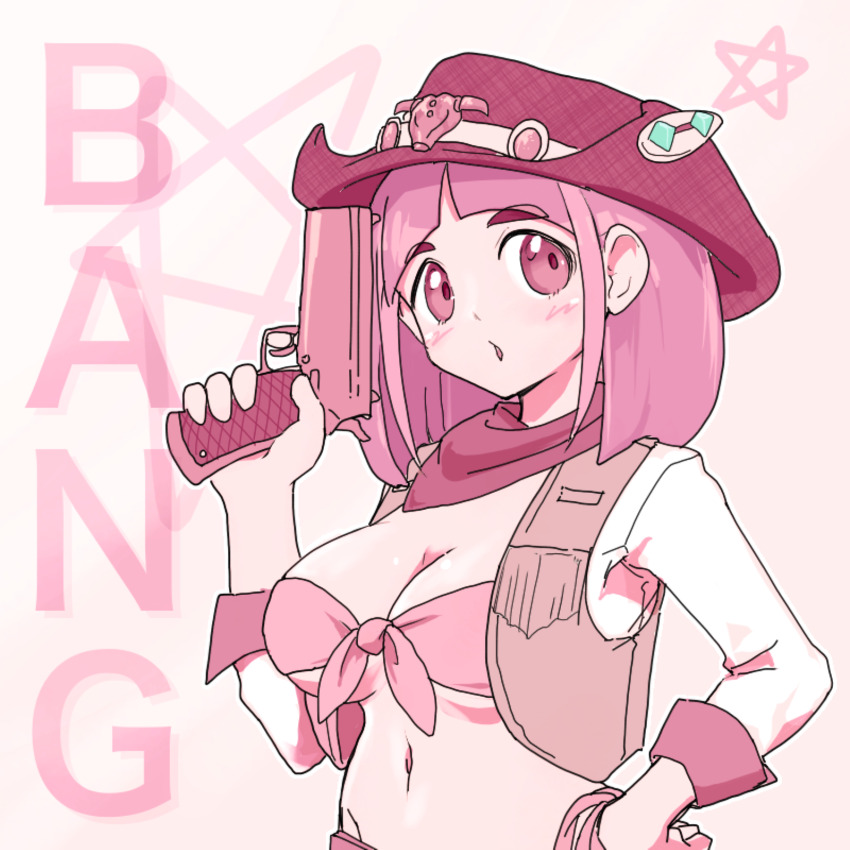 1girl alternate_costume blush breasts cleavage cowboy_hat front-tie_bra gun handgun hat holding holding_gun holding_weapon lacey_(pokemon) large_breasts looking_to_the_side medium_hair monochrome murayama_rio navel nintendo open_mouth pink_background pink_hair pistol pokemon pokemon_sv scarf shirt solo upper_body vest weapon