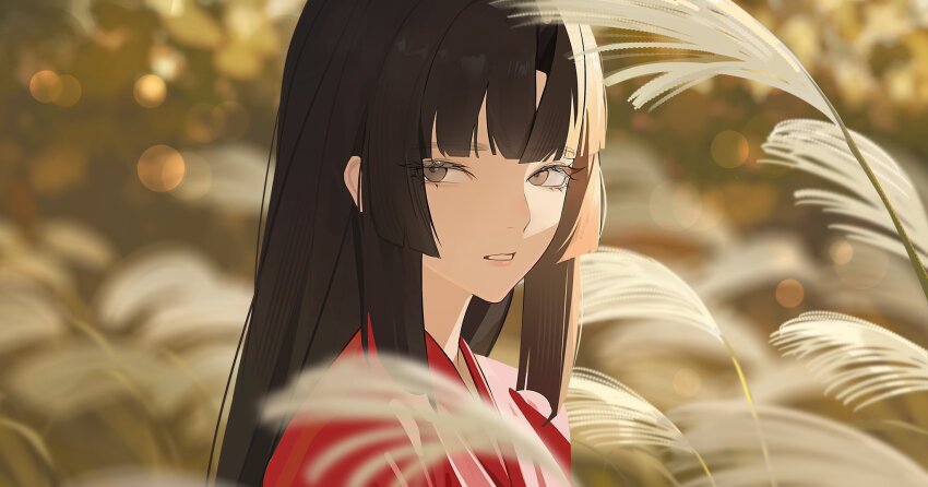 1girl black_hair blunt_ends blurry bokeh brown_eyes character_request commentary copyright_request crossed_bangs day depth_of_field drid from_side highres hime_cut japanese_clothes kimono looking_at_viewer open_mouth outdoors plant_request portrait red_kimono sidelocks solo symbol-only_commentary teeth