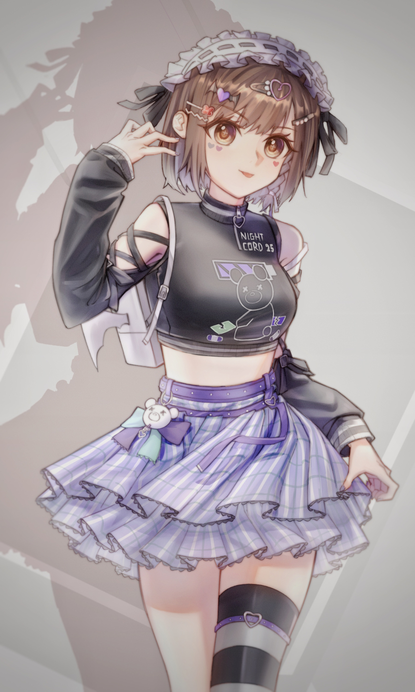 1girl 25-ji_nightcord_de._(project_sekai) :p absurdres asymmetrical_legwear black_shirt black_thighhighs breasts brown_eyes brown_hair clothing_cutout crop_top fire/r frills grey_background hair_ornament hairband hairclip hand_up heart highres jewelry long_sleeves looking_at_viewer medium_breasts nail_polish plaid_clothes plaid_skirt project_sekai purple_nails purple_skirt ribbon shinonome_ena shirt short_hair shoulder_cutout single_thighhigh skirt smile solo striped_clothes striped_thighhighs thighhighs tongue tongue_out