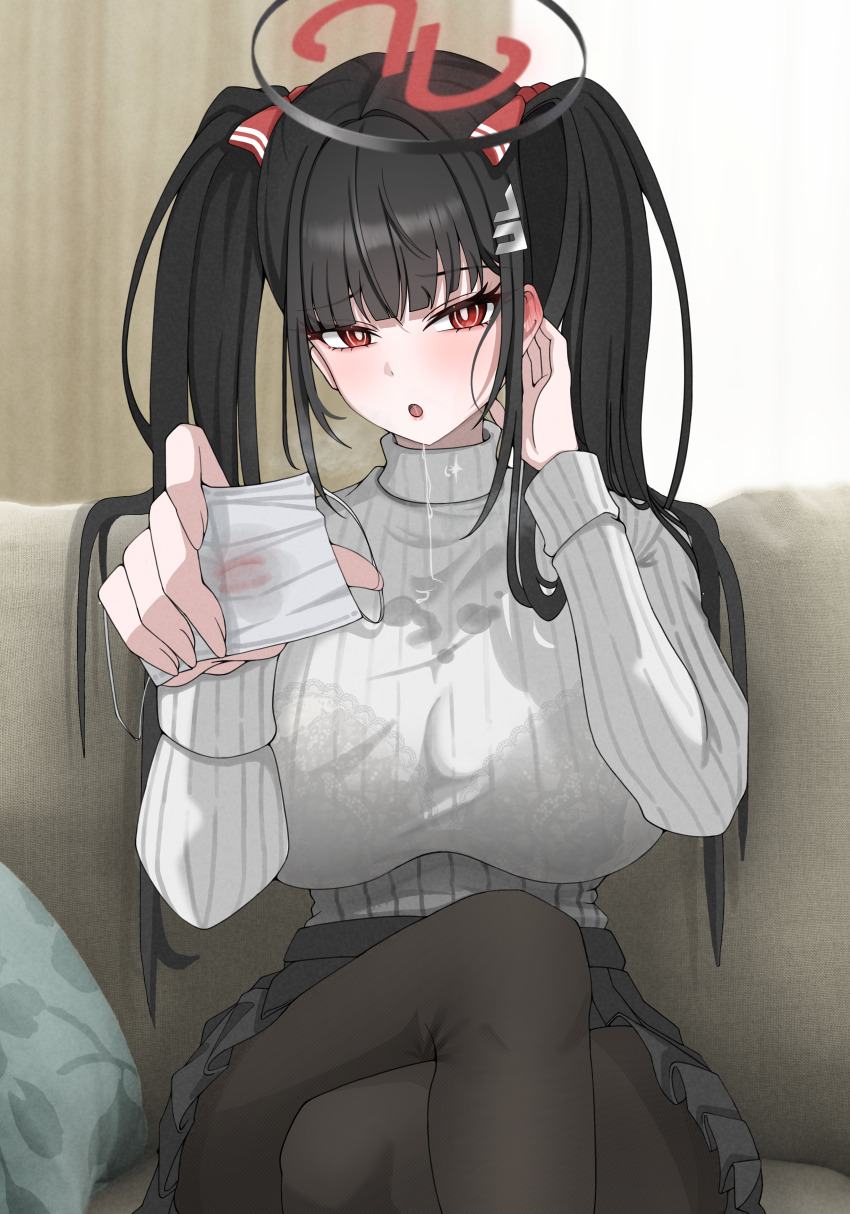 0 1girl absurdres black_hair black_pantyhose blue_archive breasts drooling highres large_breasts mouth_drool pantyhose red_eyes ribbed_sweater rio_(blue_archive) sweater thighs turtleneck twintails