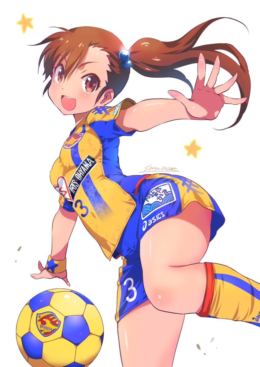 1girl ball blush breasts brown_eyes brown_hair futami_mami hair_bobbles hair_ornament highres idolmaster idolmaster_(classic) inoue_sora j._league kneehighs long_hair looking_at_viewer medium_breasts open_mouth revision shirt shorts side_ponytail simple_background smile soccer soccer_ball soccer_uniform socks solo sportswear star_(symbol) striped sweat vegalta_sendai white_background