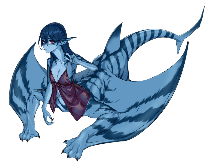1girl animal_hands black_claws blue_hair blue_skin breasts clawed_hands cleavage colored_skin commentary extra_legs fins fish_girl fish_tail full_body head_fins highres long_hair looking_at_viewer monster_girl multicolored_skin nightgown original p.maker parted_lips purple_eyes purple_nightgown shark_fin shark_girl shark_tail simple_background small_breasts solo symbol-only_commentary tail taur tiger_stripes white_background