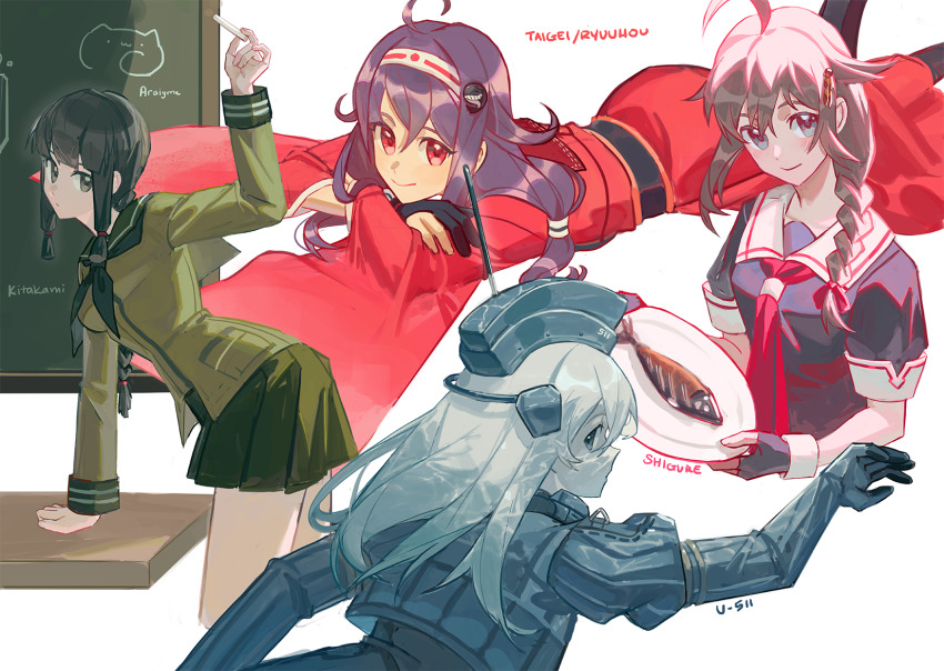4girls ahoge araiyme black_gloves black_hair black_neckerchief black_sailor_collar blue_eyes bodysuit braid breasts brown_hair chalk chalkboard character_name closed_mouth commentary diving_suit english_commentary fingerless_gloves fish_(food) flower gloves green_skirt grey_hair hair_between_eyes hair_flaps hair_flower hair_ornament headgear highres holding holding_chalk holding_plate japanese_clothes kantai_collection kimono kitakami_(kancolle) long_hair lying medium_breasts multiple_girls neckerchief on_stomach partially_fingerless_gloves plate purple_hair red_eyes red_kimono red_neckerchief red_ribbon ribbon ryuuhou_(kancolle) sailor_collar school_uniform serafuku shigure_(kancolle) shigure_kai_ni_(kancolle) simple_background single_braid skirt taigei_(kancolle) u-511_(kancolle) wetsuit white_background white_sailor_collar