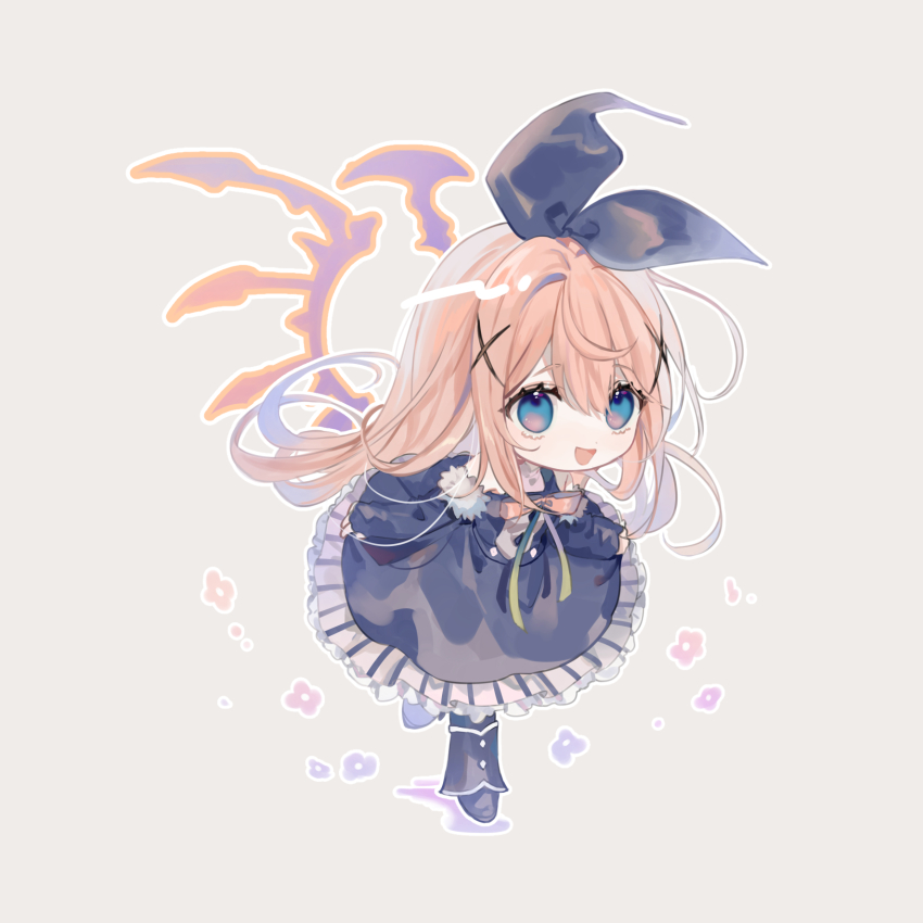 1girl black_boots black_dress black_ribbon black_sleeves blue_eyes boots brown_hair chibi detached_sleeves dress efina frilled_dress frills full_body fur-trimmed_sleeves fur_trim grey_background hair_between_eyes hair_ornament hair_ribbon highres jne lieat long_hair long_sleeves ribbon sleeves_past_wrists solo standing standing_on_one_leg very_long_hair wide_sleeves wings x_hair_ornament