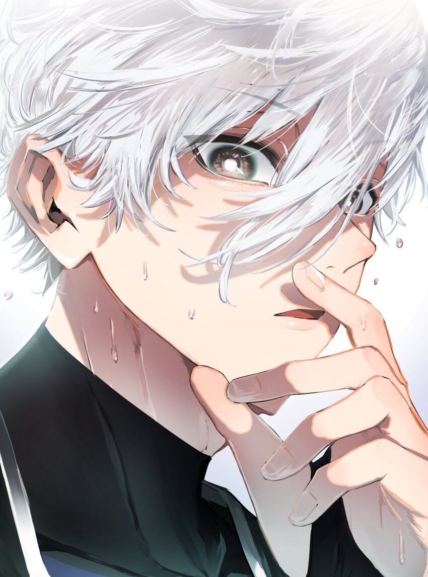 1boy black_bodysuit black_eyes blue_lock bodysuit hand_up highres looking_at_viewer male_focus nagi_seishirou naka_(58hrprtr) open_mouth short_hair solo sweat white_background white_hair