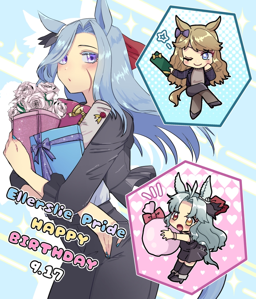 3girls absurdres animal_ears birthday black_pants black_shirt blue_eyes blue_hair box brown_hair character_name chibi chibi_inset closed_mouth commentary dated ear_ornament ellerslie_pride_(umamusume) flower folkqueen_(umamusume) frown gift gift_box giving gold_city_(umamusume) grey_hair happy_birthday highres holding holding_gift holding_sack horse_ears horse_girl horse_tail invisible_chair long_bangs long_hair long_sleeves looking_at_viewer multiple_girls notice_lines one_eye_closed open_mouth pants red_eyes rose sack scar scar_on_face shirt sitting smile standing star_(symbol) tail tira_(tira_e) umamusume umamusume:_cinderella_gray white_flower white_rose white_shirt yellow_eyes