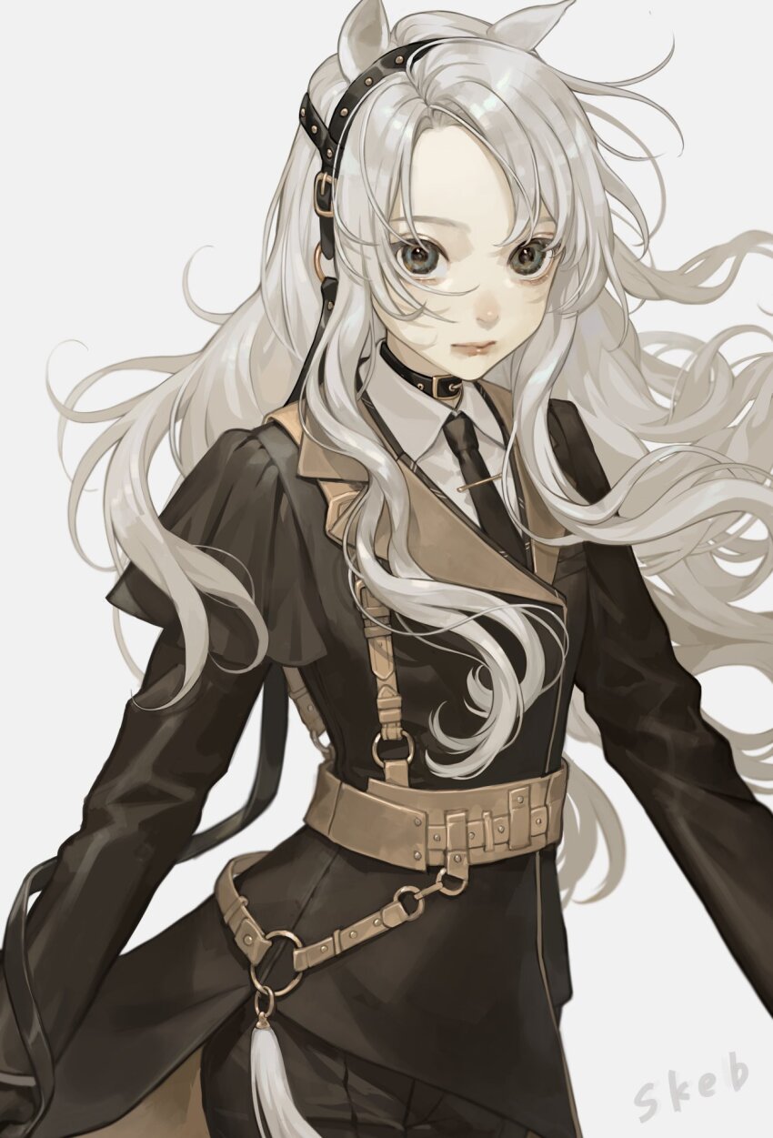 animal_ears black_choker black_dress black_necktie black_pants blue_eyes choker cropped_arms cropped_legs dress hair_spread_out highres horse_ears long_hair looking_at_viewer necktie original pants parted_bangs sakauchi_waka shirt tassel wavy_hair white_background white_hair white_shirt