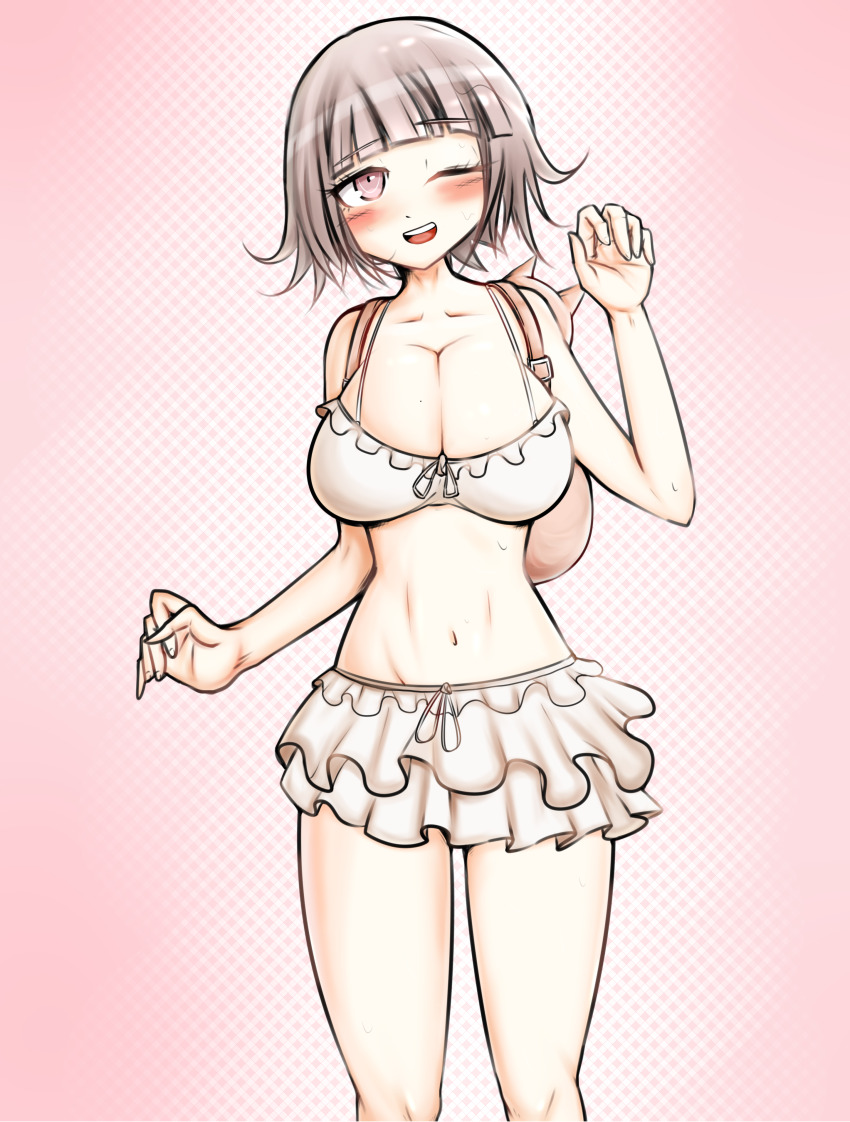 1girl ;d absurdres animal_bag bare_arms bare_shoulders bikini blunt_bangs blush breasts brown_hair cat_bag collarbone danganronpa_(series) danganronpa_2:_goodbye_despair feet_out_of_frame hand_up highres kayak-777 large_breasts layered_bikini mole mole_on_breast nanami_chiaki navel one_eye_closed open_mouth pink_bag pink_eyes short_hair smile stomach swimsuit