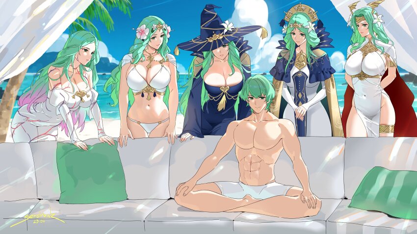 1boy 2023 5girls abs alternate_costume arms_behind_back artist_name bikini black_dress black_hat blue_sky breasts male_byleth_(enlightened)_(fire_emblem) male_byleth_(fire_emblem) cleavage cloud commentary corruption couch covered_navel dated day dress fire_emblem fire_emblem:_three_houses fire_emblem_heroes flower gradient_hair green_eyes green_hair hair_flower hair_ornament halloween halloween_costume hands_on_own_knees harem hat highres huge_breasts large_breasts long_hair matching_hair/eyes meme multicolored_hair multiple_girls multiple_persona navel nintendo official_alternate_costume pillow pink_hair piper_perri_surrounded_(meme) rhea_(fire_emblem) rhea_(halloween)_(fire_emblem) rhea_(summer)_(fire_emblem) seiros_(fire_emblem) sendo_(sendrawz) shorts side_slit sitting sky swimsuit symbol-only_commentary white_bikini white_dress white_shorts witch witch_hat