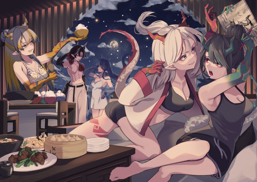 1boy 4girls :d abs absurdres alternate_costume aqua_hair arknights ass bare_arms bare_shoulders black_chemise black_hair black_shorts black_sports_bra blonde_hair blue_eyes blue_hair bowl breasts brother_and_sister casual chair chongyue_(arknights) cleavage colored_extremities commentary dragon_girl dragon_horns dragon_tail drawing_(object) dress drinking dusk_(arknights) family food full_moon grey_hair grin hair_behind_ear hair_bun hair_intakes hand_on_own_hip highres holding holding_drawing holding_paintbrush horns kokawaaokawa leaning ling_(arknights) long_hair looking_at_food medium_breasts moon multicolored_hair multiple_girls navel nian_(arknights) night open_clothes open_mouth open_shirt orange_eyes paintbrush plate pointy_ears purple_eyes red_eyes red_hair rice rice_bowl shamoji shirt short_hair short_shorts shorts shu_(arknights) siblings sisters smile spaghetti_strap sports_bra standing star_(sky) streaked_hair table tail tail_raised toned toned_male topless_male towel white_dress white_shirt