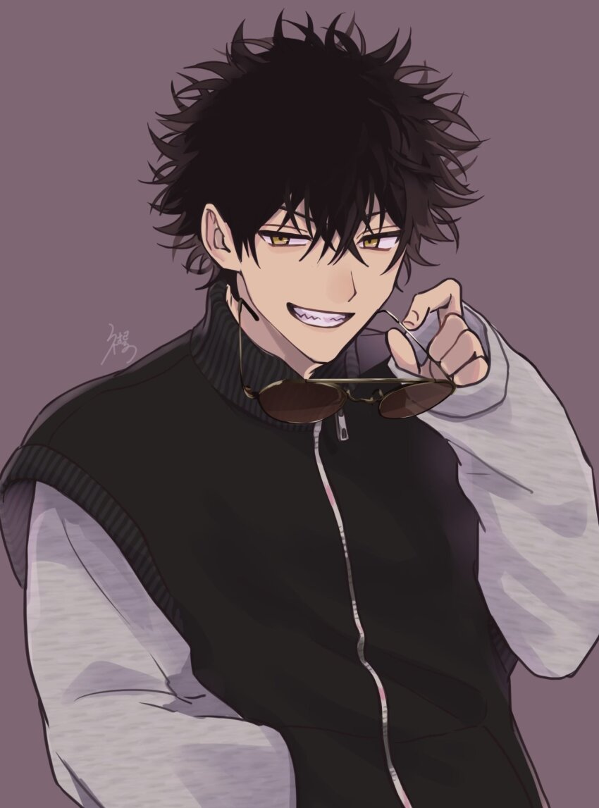 1boy black_hair black_jacket erinan grey_background grin hair_between_eyes hand_up highres holding holding_removed_eyewear jacket kageura_masato long_sleeves looking_at_viewer male_focus sharp_teeth short_hair simple_background sleeves_past_wrists smile solo spiked_hair sunglasses teeth unworn_eyewear v-shaped_eyebrows world_trigger yellow_eyes