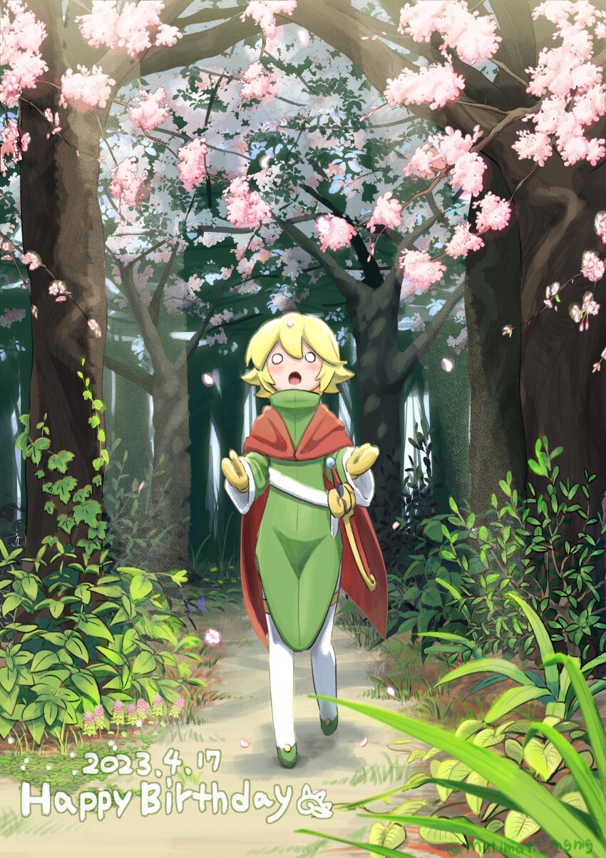 1boy :o absurdres artist_name birthday blonde_hair boots cape cherry_blossoms coat commentary dated forest grass green_boots green_coat happy_birthday highres looking_up male_focus mittens motimoti_mgmg nature o_o open_mouth otomo_(puyopuyo) outdoors path plant puyopuyo puyopuyo_fever_2 red_cape road sheath sheathed solo standing sunlight sword thigh_boots tree turtleneck turtleneck_coat twitter_username walking weapon yellow_mittens