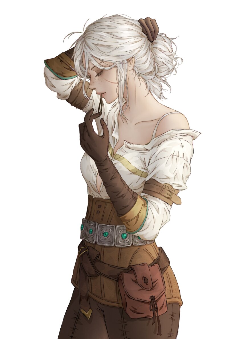 1girl absurdres ahoge armband artelsia bag belt bra bra_strap brown_armband brown_belt brown_corset brown_gloves brown_pants ciri closed_eyes corset elbow_gloves freckles gem gloves green_gemstone green_stripes grey_belt hair_ornament hairpin highres holding holding_hairpin holding_own_hair leather_belt long_hair makeup mascara mature_female mouth_hold pants pink_lips profile shirt sidelocks simple_background single_bare_shoulder solo striped_clothes striped_gloves striped_shirt the_witcher_(series) the_witcher_3 unbuttoned unbuttoned_shirt underwear white_background white_bra white_hair white_shirt yellow_stripes