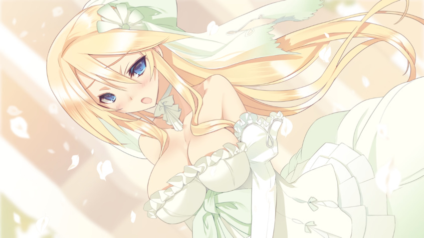agarest_senki_(series) agarest_senki_mariage blade_(galaxist) blonde_hair blue_eyes blush breasts choker cleavage dress elbow_gloves flower game_cg gloves hair_between_eyes hair_flower hair_ornament jiolet large_breasts long_hair looking_at_viewer non-web_source official_art open_mouth petals photoshop_(medium) strapless strapless_dress very_long_hair wedding_dress white_choker white_gloves