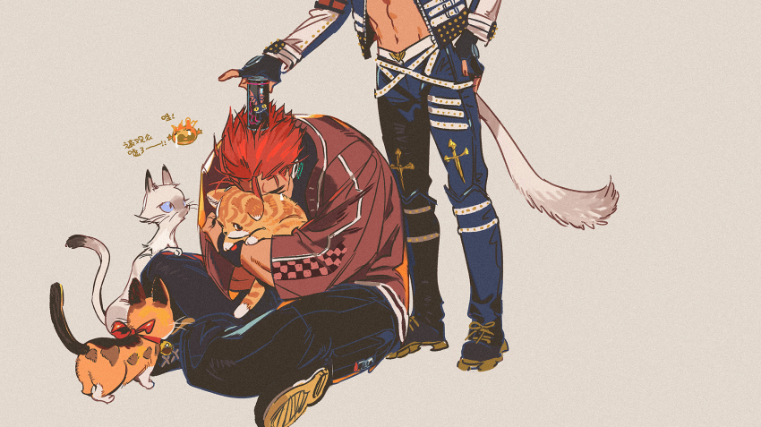 2boys animal animal_hug brute_bomber can cat cat_tail dark-skinned_male dark_skin drink_can final_fantasy final_fantasy_xiv grey_background hex_6shui highres holding holding_can hyur indian_style male_focus miqo&#039;te multiple_boys navel no_shirt object_on_head red_hair retsarra_(ff14) simple_background sitting standing tail tears toned toned_male