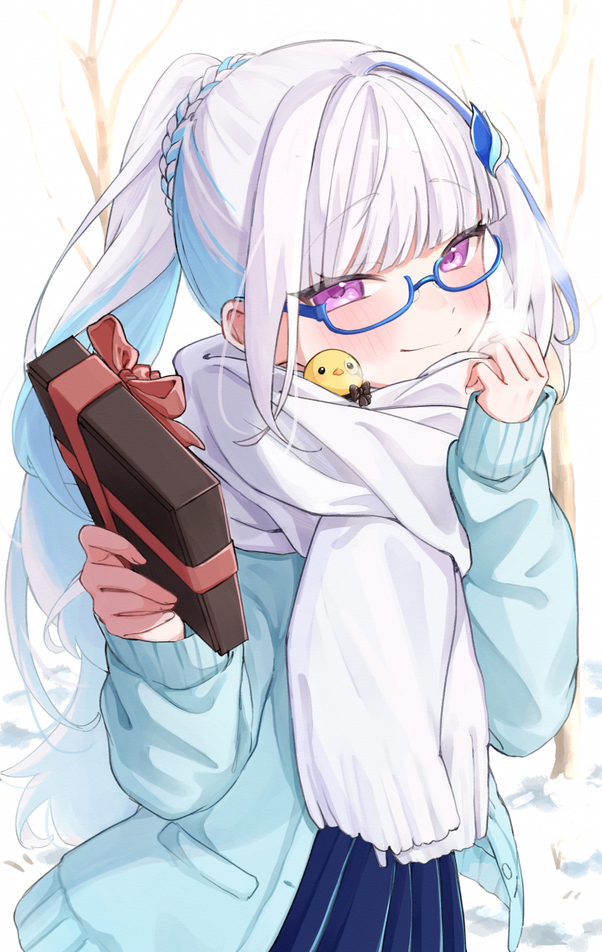 1girl 3znk absurdres adjusting_scarf animal animal_on_shoulder bare_tree bird bird_on_shoulder blue-framed_eyewear blue_cardigan blue_hair blue_skirt blunt_bangs blush breath cardigan closed_mouth commentary commentary_request cowboy_shot english_commentary gift glasses hair_ornament half-closed_eyes hands_up highres holding holding_gift incoming_gift lize_helesta lize_helesta_(4th_costume) long_hair looking_at_viewer mixed-language_commentary monocle multicolored_hair nijisanji outdoors pleated_skirt ponytail ponytail_with_braided_base pov purple_eyes scarf sebastian_piyodore semi-rimless_eyewear sidelocks skirt sleeves_past_wrists smile snow solo streaked_hair tree two-tone_hair valentine very_long_hair virtual_youtuber white_hair white_scarf winter yellow_bird